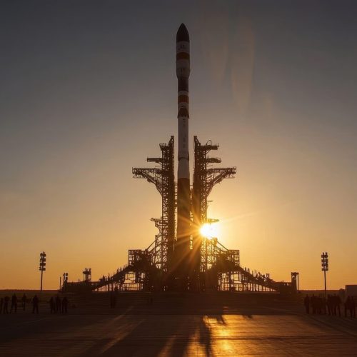 Rocket launch pad silhouetted against a sunset, showcasing a spacecraft and towers, highlighting space exploration technology.