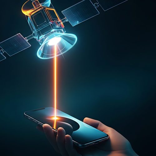 QFS satellite connection. A holographic satellite sends a single beam of light to a smartphone, symbolizing a global and independent network.