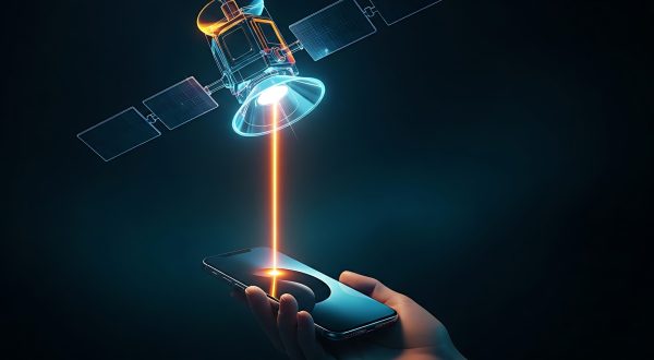 QFS satellite connection. A holographic satellite sends a single beam of light to a smartphone, symbolizing a global and independent network.