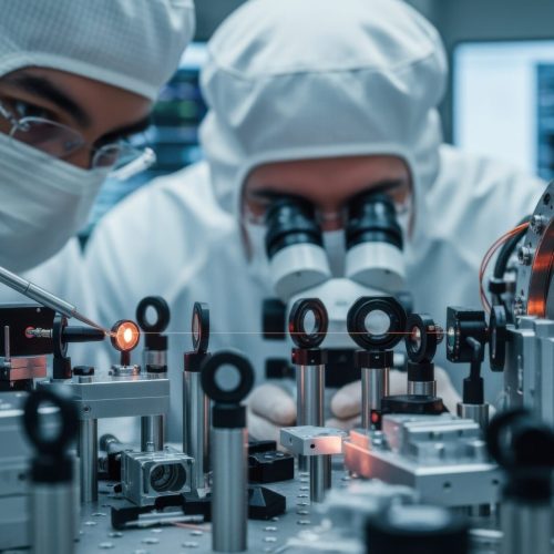 Engineers performing vacuum alignment of satellite optical laser terminal adjusting mirrors and lenses on a sophisticated test bench.