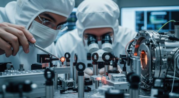 Engineers performing vacuum alignment of satellite optical laser terminal adjusting mirrors and lenses on a sophisticated test bench.