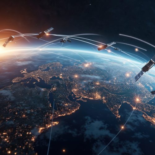 Dynamic 3D rendering of multiple satellites in orbit around Earth. Illuminated continents showcase global connectivity. Illustrates advanced space technology communication networks. Complex orbital