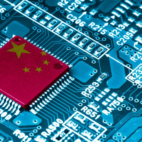 China flag print screen on Microchip processor on electronic board for important component in computer smartphone, China is the largest main manufacturing in the world of global supply chain concept.