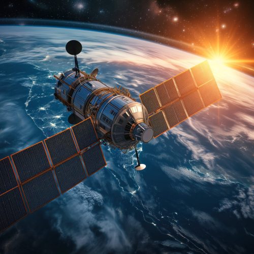Satellite with solar panels for earth global internet telecommunication network in space AI Generation