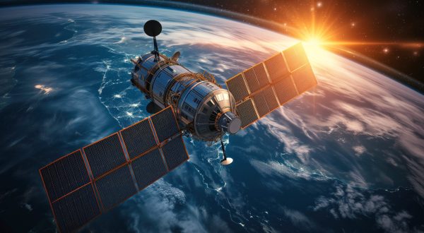 Satellite with solar panels for earth global internet telecommunication network in space AI Generation