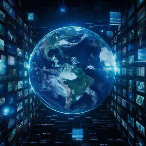 A digital globe surrounded by multiple screens displaying various data visualizations.