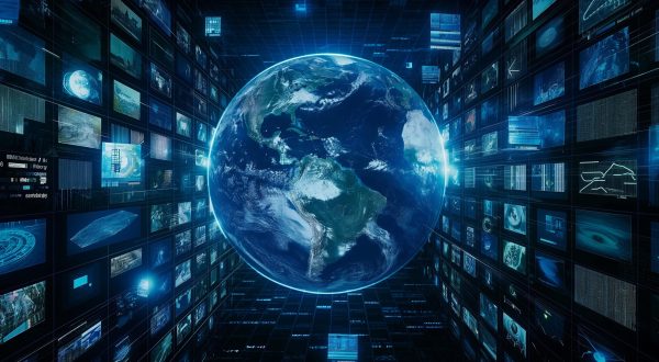 A digital globe surrounded by multiple screens displaying various data visualizations.