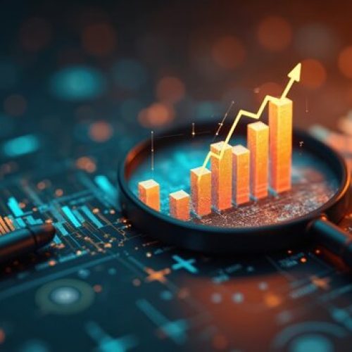 Magnifying glass highlights business growth chart with upward trend (1)