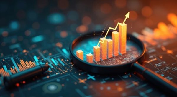 Magnifying glass highlights business growth chart with upward trend (1)