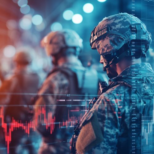 Soldiers in war zone with digital stock market overlay, highlighting intersection of military and financial elements.