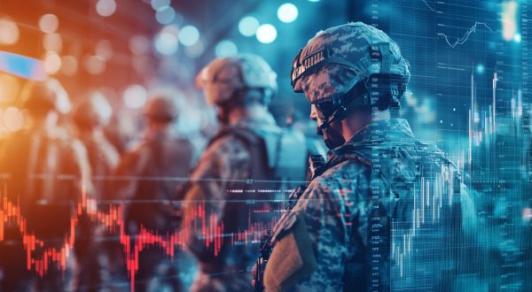 Soldiers in war zone with digital stock market overlay, highlighting intersection of military and financial elements.